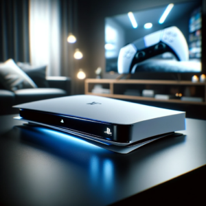 A PlayStation 5 console lying horizontally on a sleek black surface. The console is white with black accents, featuring its distinctive curved design