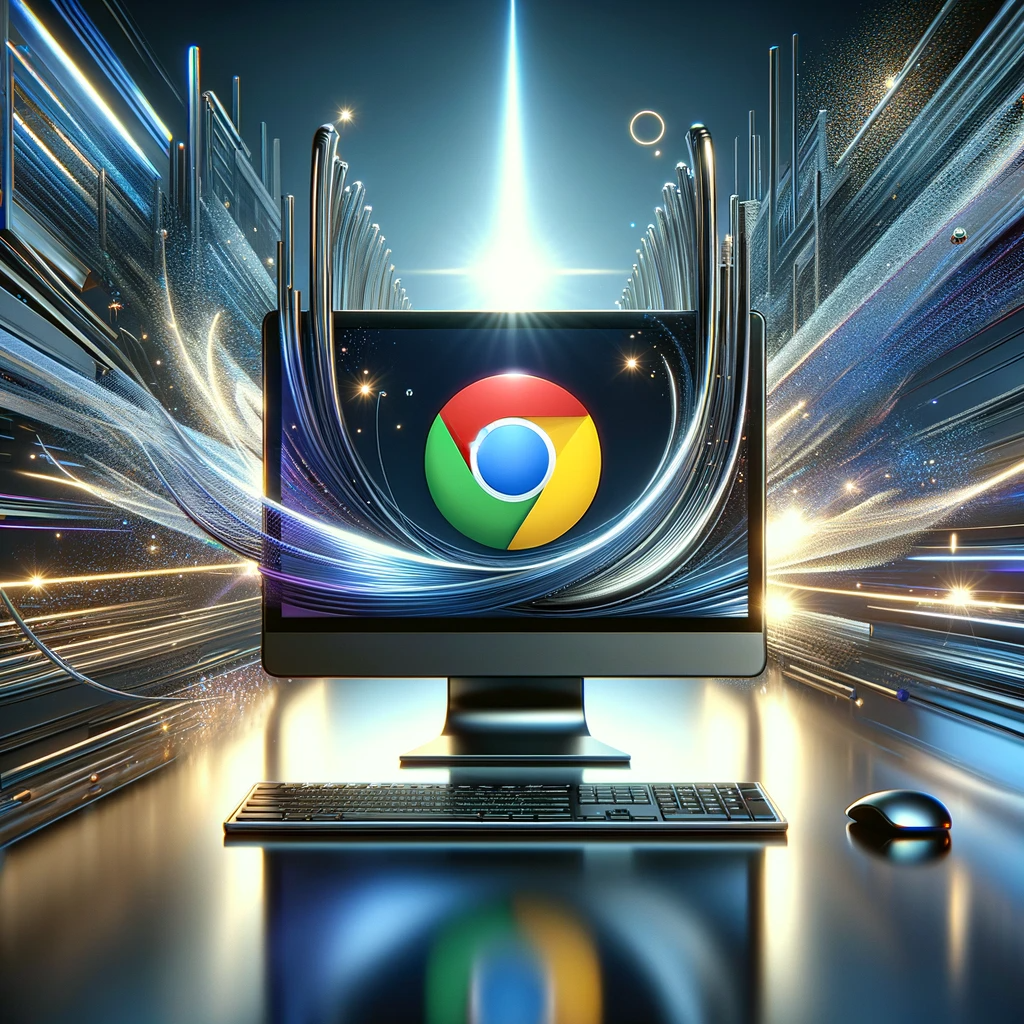 Chrome hardware acceleration A modern, sleek computer with a large screen displaying the Chrome logo. The computer is surrounded by dynamic, abstract elements like motion lines