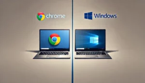 links een chrome laptop en rechts een windwos laptop